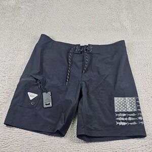 Columbia PFG Board Shorts Mens 38 Gray Fish Flag Patriotic Swim Trunks Fishing